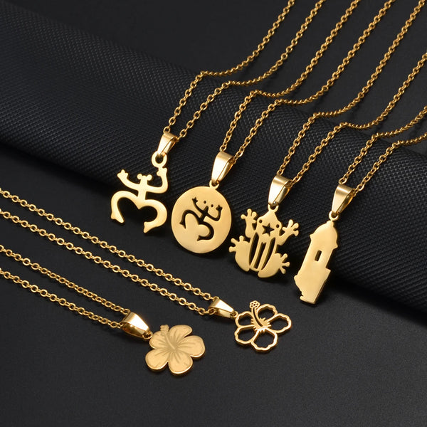 PR Puerto Rico Frog Necklaces for Women Girls Stainless Steel Hawaii Guam Guadeloupe Mayotte Hibiscus Flowers Jewelry #512362