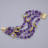 GuaiGuai Jewelry 4Rows Natural Purple Amethysts Rough With Electroplated Edge Purple Murano Glass Bracelet 8" For Women
