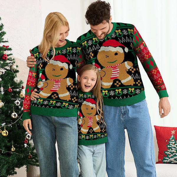 Family Matching Christmas Sweaters Gingerbread Man Green Knit Pullover Women's Long Sleeve Cozy Couple Holiday Party Outfit