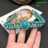 French Retro Elegant Inlaid Turquoise Geometric Necklace Bracelet Earring Set Fashionable High-End Women'S Jewelry