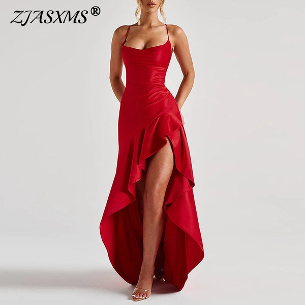 Sexy Slash Neck Slim Ruffle Banquet Dress Women Spring Backless Lace-up Long Irregular Dress Summer Sleeveless Hollow Maxi Dress