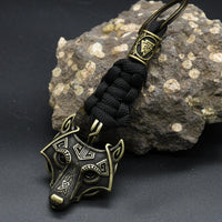 Nordic Mythology Wolf Head Keychain Men's Retro Handmade Survival Rope Lanyard Pendant Keyring Vikings Runes Vegvisir Jewelry