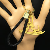 Muslim Quran Ali Zulfiqar Sword Key Chain for Men Stainless Steel Gold Color Arabic Islamic Knife Leather Key Ring Jewelry