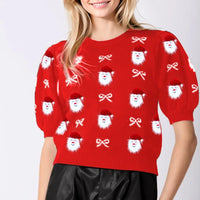Combhasaki Women's Christmas Cropped Sweaters Half Puff Sleeve Cartoon Santa /CandyCane/Gingerbread Man Print Knitwear Pullovers
