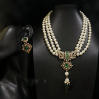 French vintage multi-layer pearl necklace set with diamonds delicate and elegant green silver stud earrings
