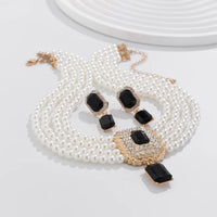 1Set Luxury Multilayer Imitation Pearl Necklace Earrings For Women Girls Temperament Jewelry Bridal Rhinestone Wedding Jewelry
