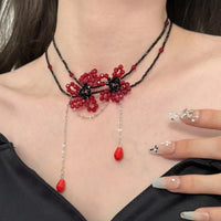 Luxurious Multi-Layer Red Beaded Flower Tassel Necklace Fashionable Choker High-End Clavicle Chain Jewelry Accessory