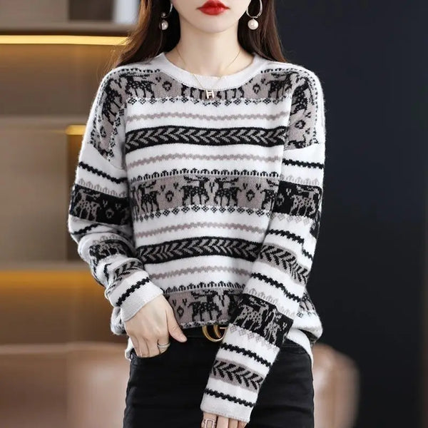 Autumn Winter Women Simple Elk Deer Jacquard Christmas Knitted Sweater Y2K Casual O Neck Long Sleeve Pullover Tops Loose Jumpers