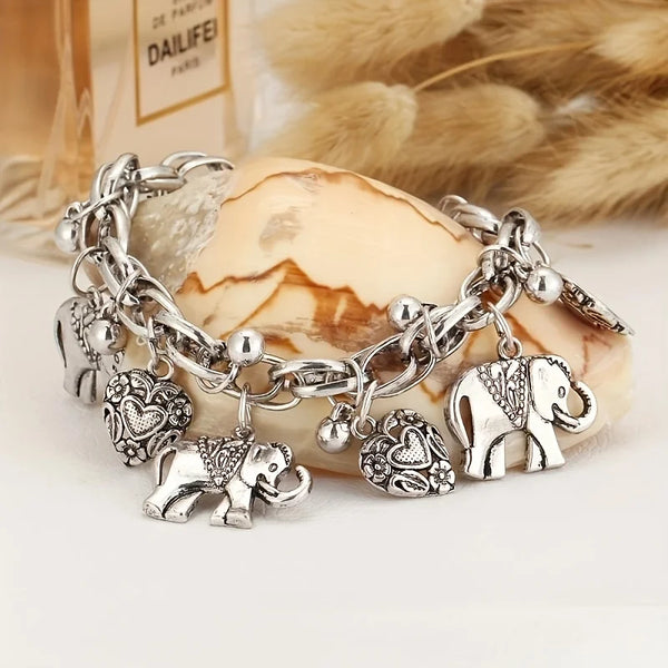 Boho Vintage Carved Elephant Charm Bracelet - Romantic Heart Detail, Versatile Accessory for Every Occasion