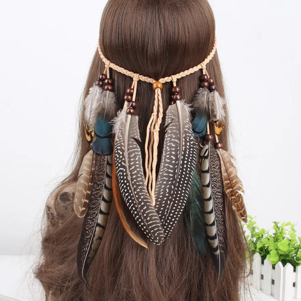 Fashion Boho Style Feather Headband Hairpiece Beads Feather Headdress Handmade Girls Hair Accessories High Quality