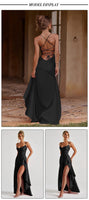 VC Elegant Black Satin Maxi Dress with Crisscross Spaghetti Straps and High Slit Ruffled Hem for High - Profile Occasions