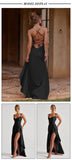 VC Elegant Black Satin Maxi Dress with Crisscross Spaghetti Straps and High Slit Ruffled Hem for High - Profile Occasions