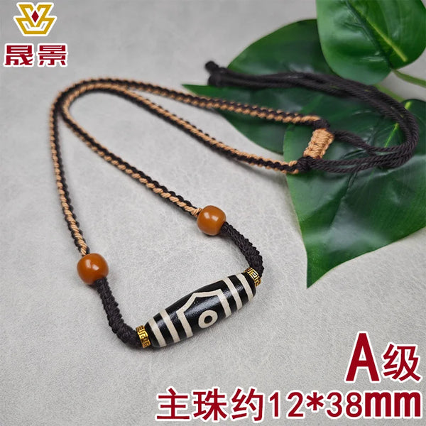Black And White Patina Nine-Eye Natural Agate Dzi Necklace With Bead Collarbone Chain