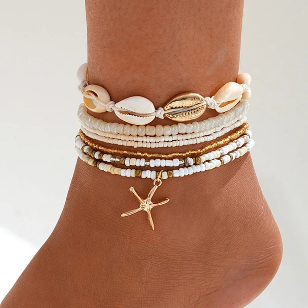7Pcs shell Starfish Pendant Rice Beads Beaded Anklet for Women Summer Fashion Multi-layer Bracelet Anklet Bohemian Leg Jewelry