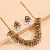 Ethnic Style Vintage Choker Necklace Earrings Set For Women Simulated Pearl Beads Jewelry Sets Resin Stone Crystal Jewelry Set