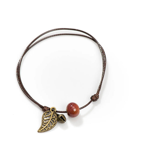 Vintage Bronze Leaf Small Bell and Colorful Flower Glazed Ceramic Bead Pendant Leather Rope Anklet Women Ethnic Style Bracelet