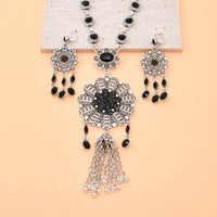Gypsy India Ethnic Style Water Drop Pendant Geometric Crystal Necklace Earrings For Women Retro Silver Plated Bohemian Jewelry