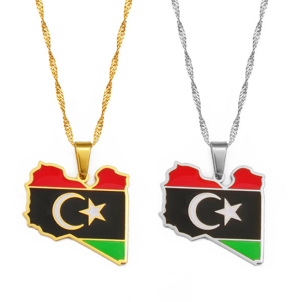 Anniyo Libya Map Flag Pendant Necklace for Women Men Gold Color Jewelry Libya Country Map #244121