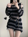 2024 Purple Striped Gothic Sweaters Women Ripped Holes Loose Knitted Pullover Frayed Fairy Grunge Jumpers Emo Streetwear Lolita