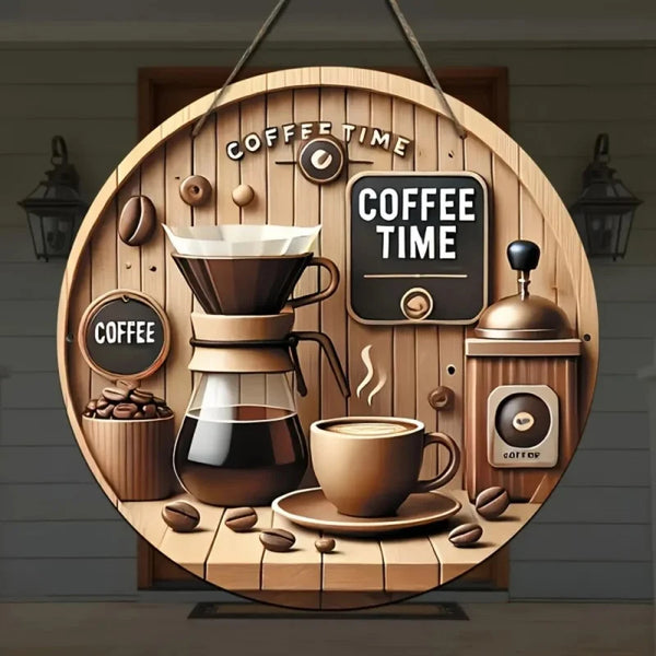 1Vintage Wooden Coffee Time Sign，Coffee Machine and Pouring Coffee Wall Decoration