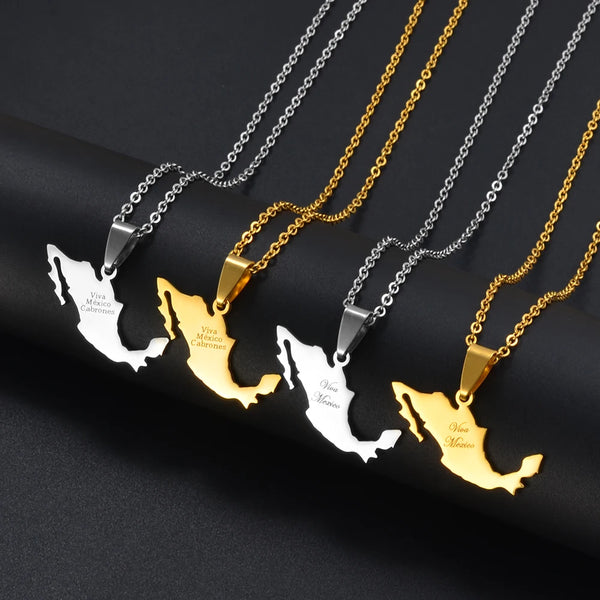 Anniyo Viva Mexico Map Pendant Necklace for Women Girls Men Mexican Maps Stainless Steel Metal Jewelry #279221