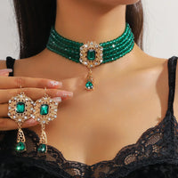 FYUAN Multilayer Green Red Blue Black Crystal Necklace Geometric Hollow Alloy Earrings For Women Weddings Banquet Jewelry Sets