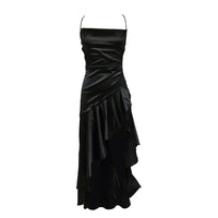 VC Elegant Black Satin Maxi Dress with Crisscross Spaghetti Straps and High Slit Ruffled Hem for High - Profile Occasions