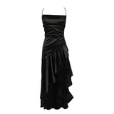 VC Elegant Black Satin Maxi Dress with Crisscross Spaghetti Straps and High Slit Ruffled Hem for High - Profile Occasions