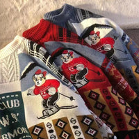 American Vintage Street Knit Sweater Christmas Long Sleeve Bear Pullover O Neck Loose Lazy Casual Top Harajuku Y2K Sweater