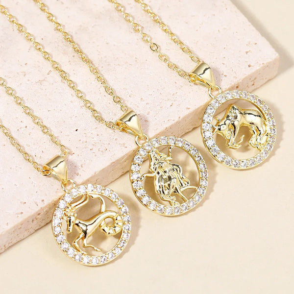 12 Zodiac Signs Necklace Copper Gold Plated Zodiac Signs Pendant Chain Ladies Necklace Birthday Jewelry Ladies Jewelry