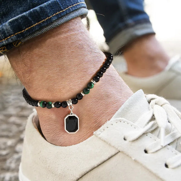 Black Beads with Square Anklets Pendant Necklace for Men Trendy Accessories on the Foot Bracelet Fashion Jewelry Male Gift
