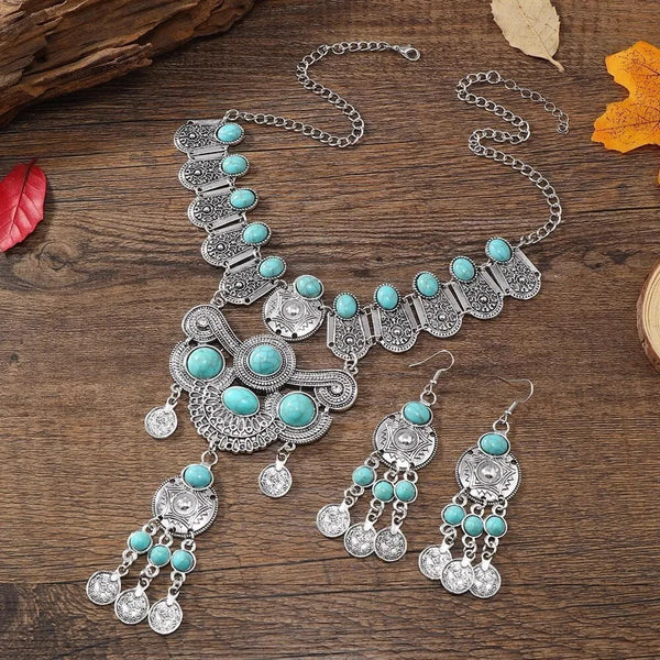 Western Jewelry Set Ethnic Vintage Imitation Turquoise Metal Coin Tassel Necklace And Earrings For Women Party Accessories