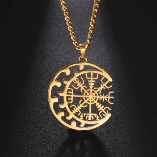 Dawapara Vegvísir Amulet Stainless Steel Necklace Norse Jewelry Runic Compass Symbol of Protection and Guidance Talisman
