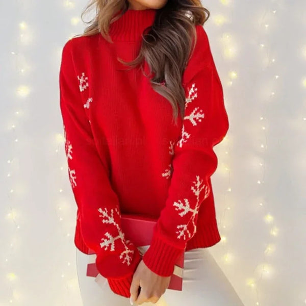 Xmas Look 2025 Winter Women Snowflake Print Sweaters Jacquard Christmas Jumpers Full Sleeve Turtleneck Pullovers Warm Knitwear