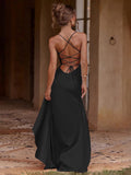 VC Elegant Black Satin Maxi Dress with Crisscross Spaghetti Straps and High Slit Ruffled Hem for High - Profile Occasions