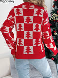 VigoCasey 2025 Autumn Winter Lady Christmas Knitted Sweater Women O Neck Plaid Print Pullover Lantern Long Sleeve Loose Jumper