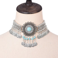 Ethnic Statement Collar Necklace for Women Choker Bohemian Vintage Hollow Geometric Crystal Rhinestone Beads Coin Tassel Jewelry