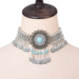 Ethnic Statement Collar Necklace for Women Choker Bohemian Vintage Hollow Geometric Crystal Rhinestone Beads Coin Tassel Jewelry
