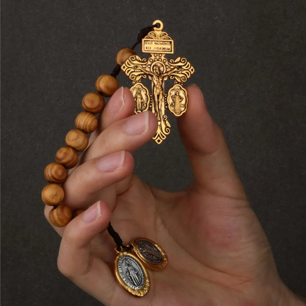 Catholic St Benedict Medal Lady Milagrosa Crucifix Cross One Decade Wooden Beads Pocket Rosary Prayer Rosaries Handmade Gift