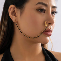 Lacteo Trendy Nose Rings for Women Connecting Earrings Black Green Small Crystal Beads Fake Nostril Piercing Clip Jewelry Ladies