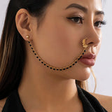Lacteo Trendy Nose Rings for Women Connecting Earrings Black Green Small Crystal Beads Fake Nostril Piercing Clip Jewelry Ladies