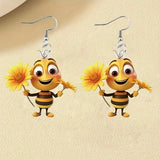 1 pair of original design little bee acrylic earrings holding sunflowers, a pair of beautiful and interesting ladies earrings g