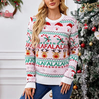 Xmas Look 2025 New Winter Pink Print Cute Soft Christmas Knitwear Long Sleeve O Neck Casual Loose Jumpers Jacquard Pullover Tops