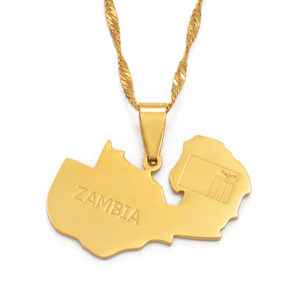 Anniyo Zambia Map Flag Pendant and Necklaces Gold Color Zambian Jewelry #109121
