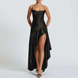 Sexy Slash Neck Slim Ruffle Banquet Dress Women Spring Backless Lace-up Long Irregular Dress Summer Sleeveless Hollow Maxi Dress