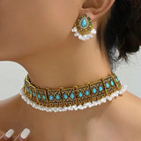 Ethnic Style Vintage Choker Necklace Earrings Set For Women Simulated Pearl Beads Jewelry Sets Resin Stone Crystal Jewelry Set