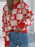 VigoCasey 2025 Autumn Winter Christmas Knitted Sweater Women Casual Plaid Print Pullover Lady Lantern Long Sleeve Loose Jumper
