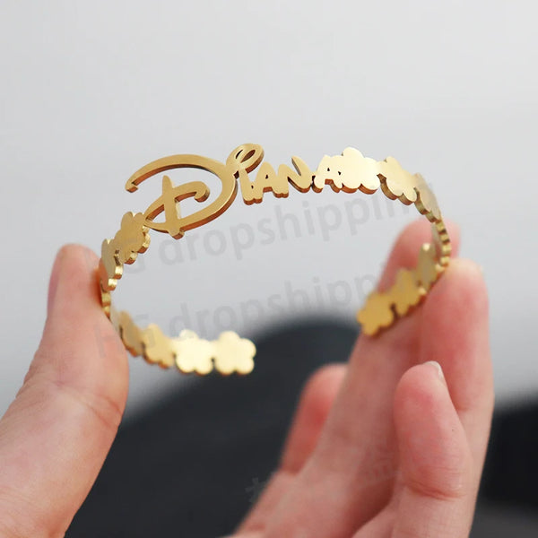 Custom Name Stainless Steel Bracelet Flowers Unusual Retro Bangle For Women Jewelry Non-fading High-quality Gift For Girl