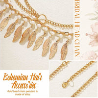 Bridal Wedding Headdress Fashion Bohemia Gold Color Leaf Imitation Pearl Tassel Indian Head Chain Jewelry