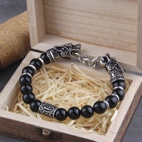 Black Stainless Steel Nordic Viking Norse Dragon Bracelet Men Wristband Cuff Bracelets with Viking Wooden Box